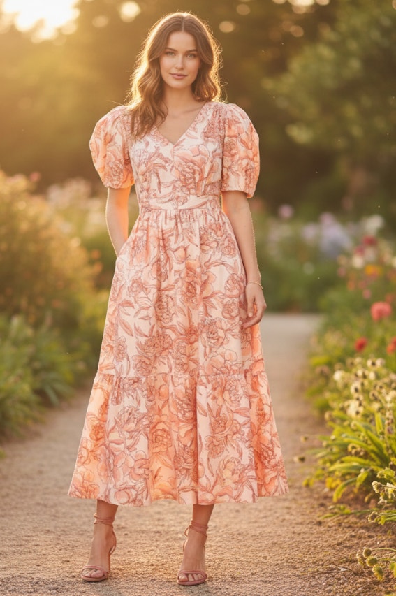Cece Floral Puff Sleeve Belted Linen Blend Midi Dress Pink New Sz Small Pockets